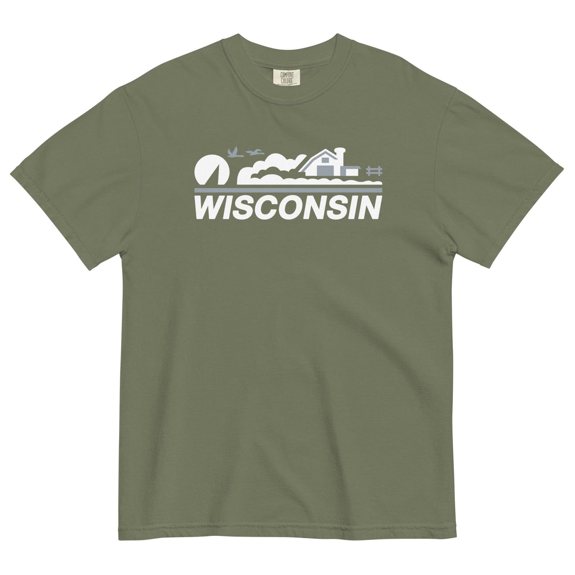 Green t-shirt with 'Wisconsin' graphic on a white background