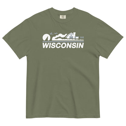 Green t-shirt with 'Wisconsin' graphic on a white background