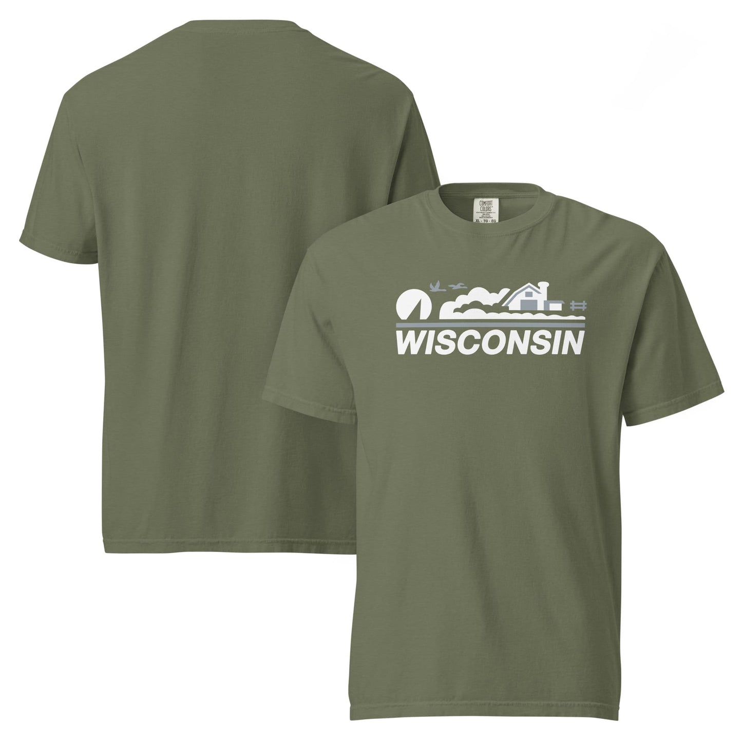 Green t-shirt with 'Wisconsin' graphic on a white background