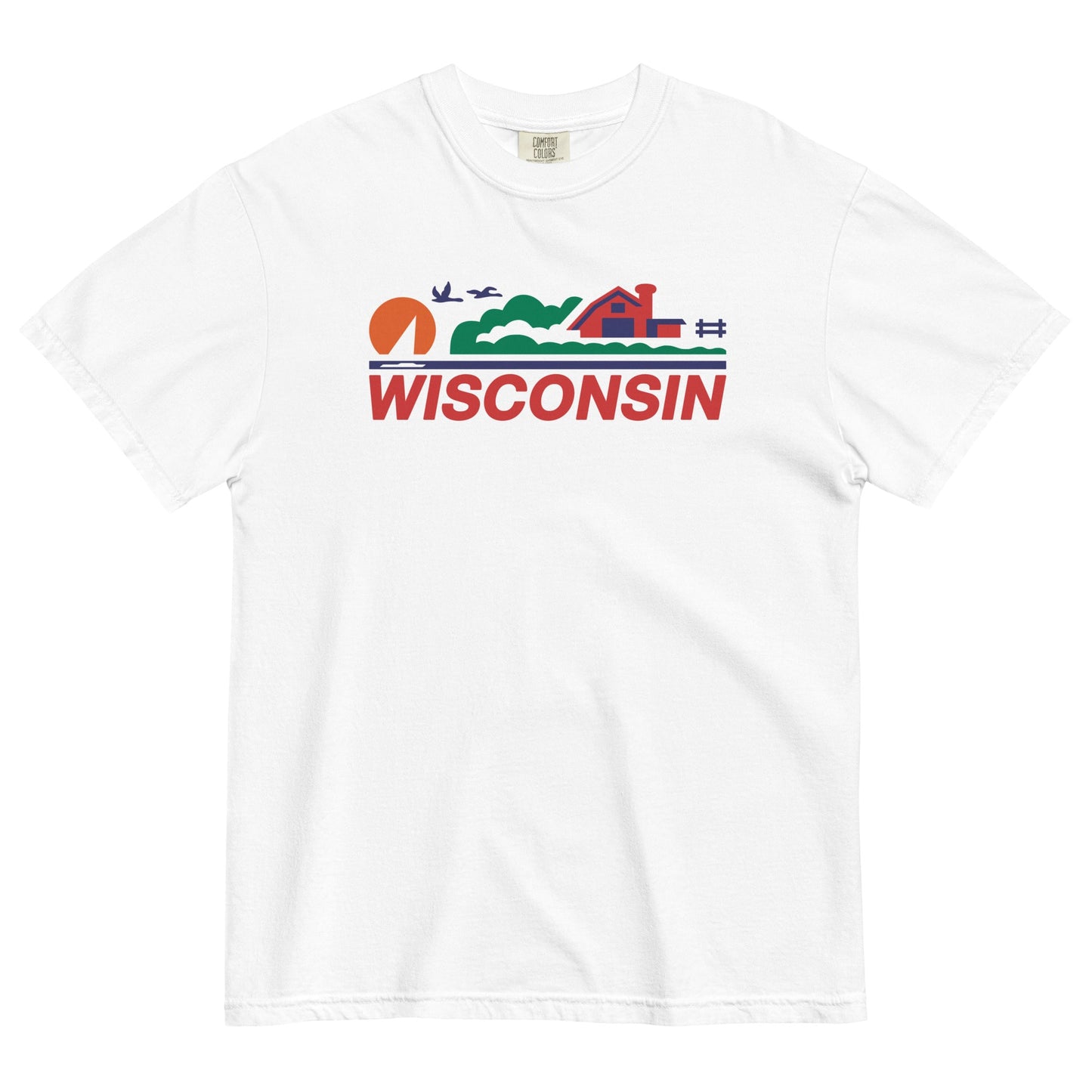 White t-shirt with 'Wisconsin' graphic design on a white background