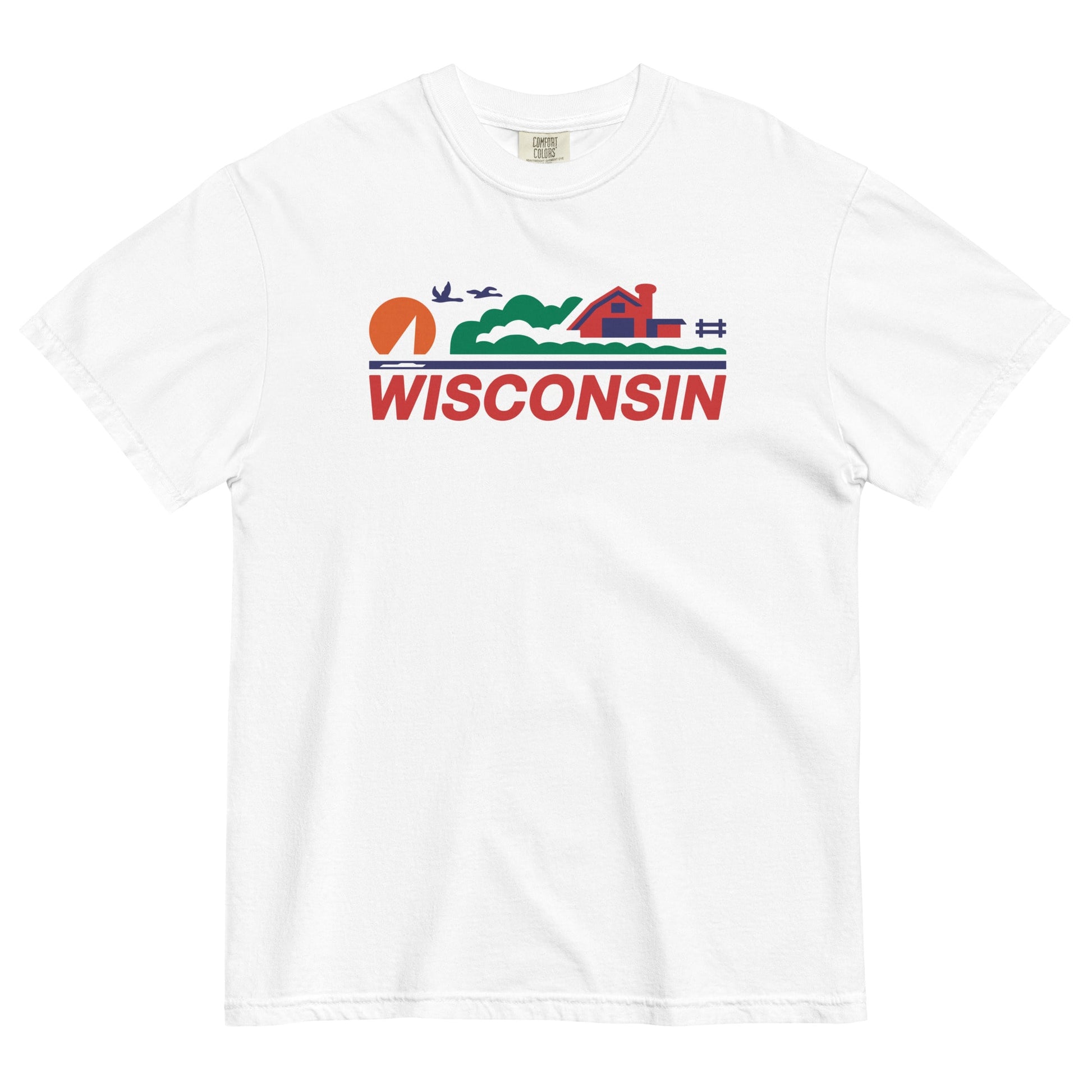 White t-shirt with 'Wisconsin' graphic design on a white background