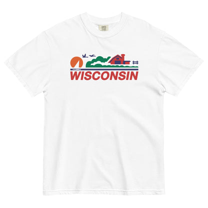 White t-shirt with 'Wisconsin' graphic design on a white background