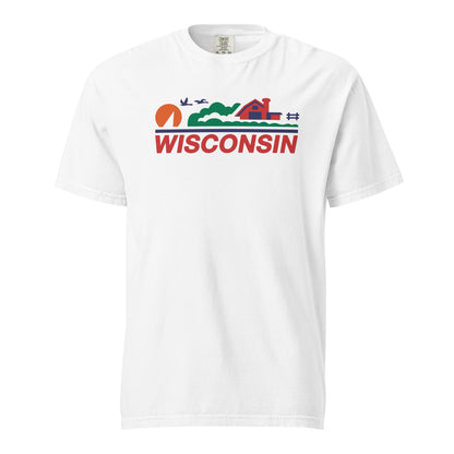 White t-shirt with 'Wisconsin' graphic design on a white background
