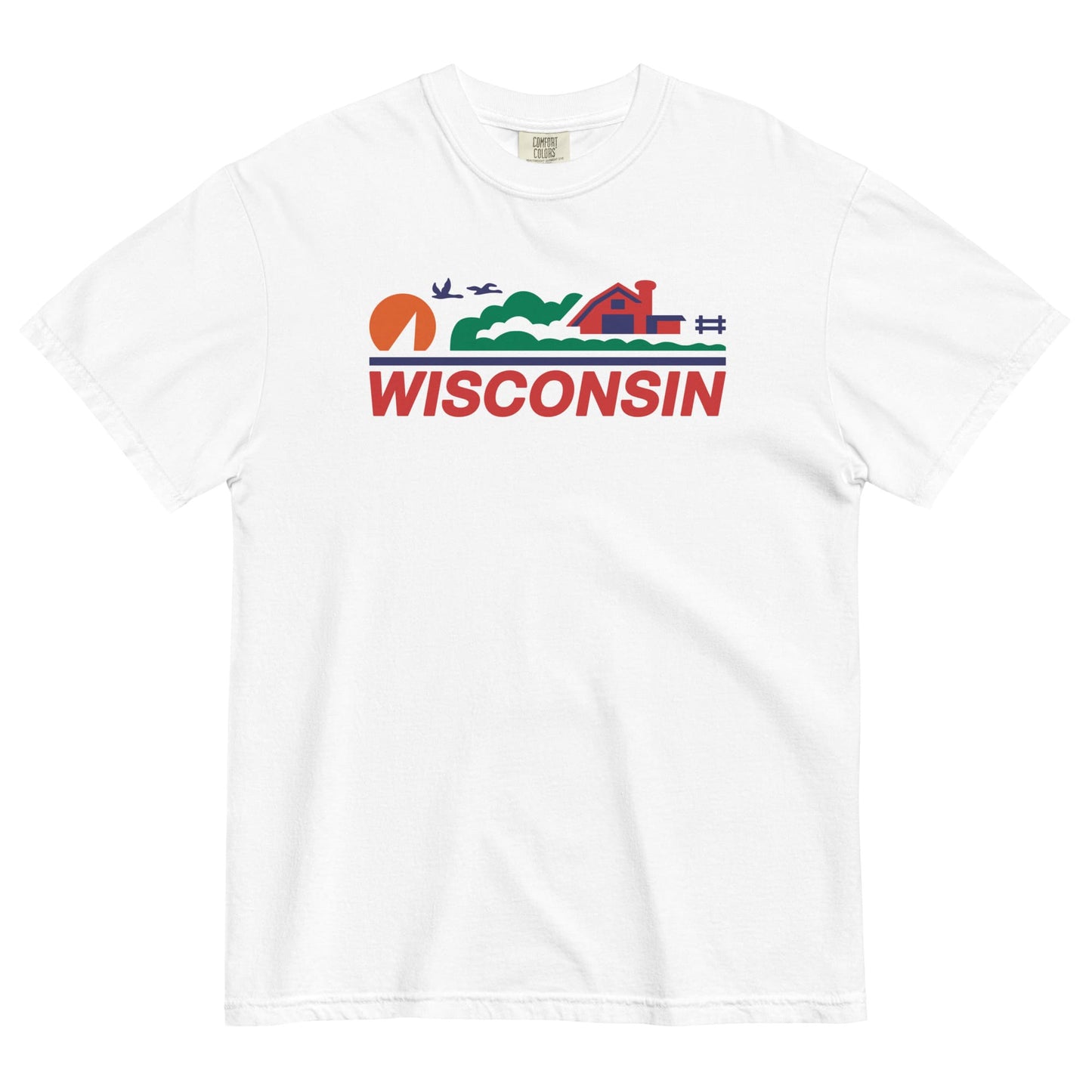 White t-shirt with 'Wisconsin' graphic design on a white background