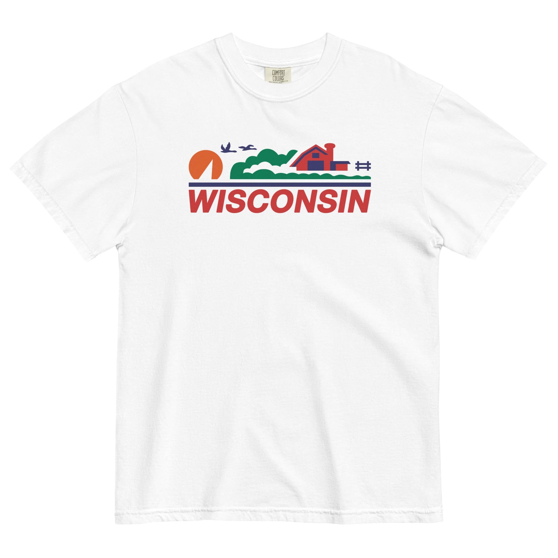 White t-shirt with 'Wisconsin' graphic design on a white background