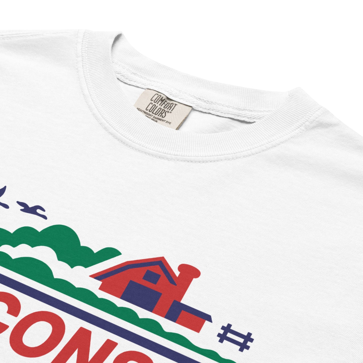 White t-shirt with colorful graphic design and 'Comfort Colors' label.